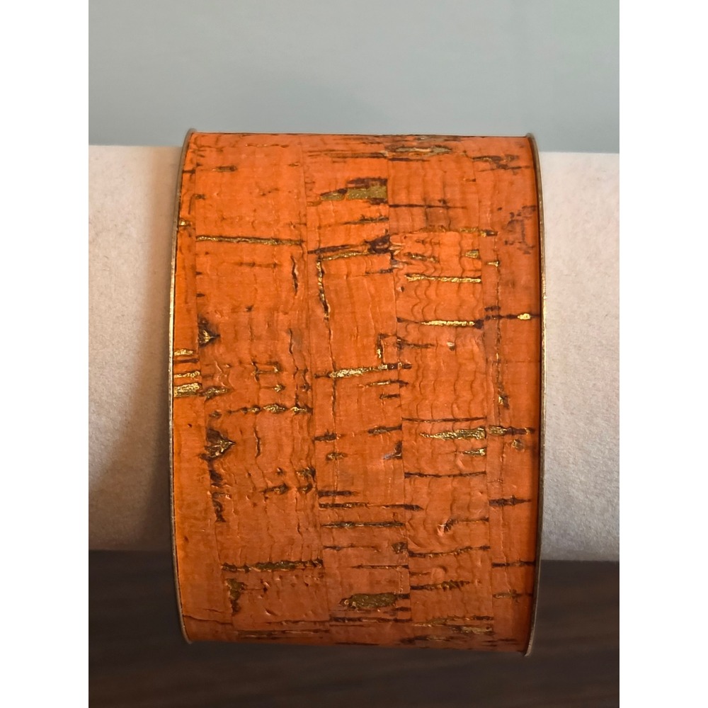 Orange Cork and Gold Tone Metallic Flecked Wide Cuff Statement Bracelet